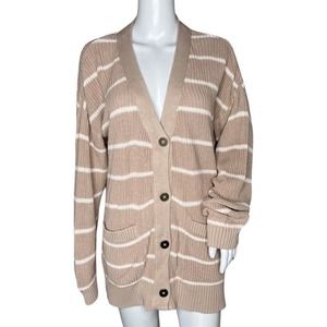 Pact Sweater Womens Large Beige White Stripe Cardigan Preppy Light Academia
